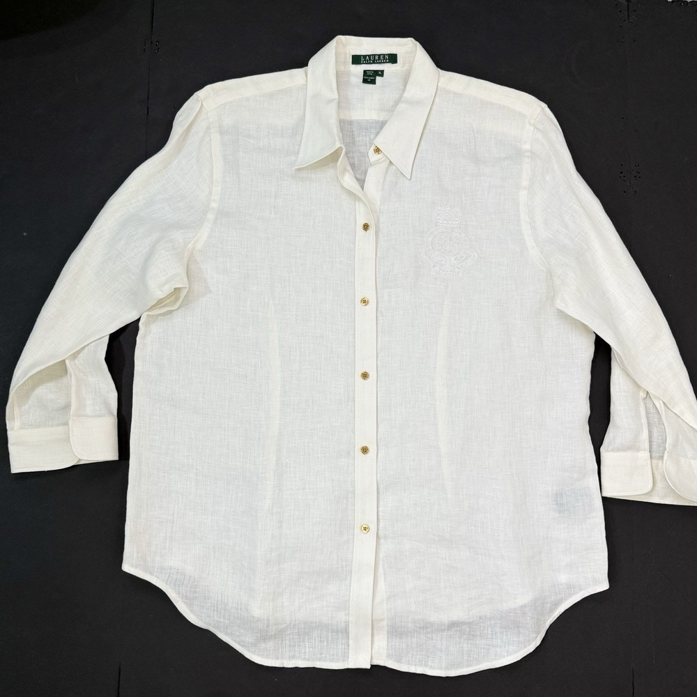 Lauren Ralph Lauren Embroidered Crest Logo Linen Oxford Top Women XL 16 18 Cream